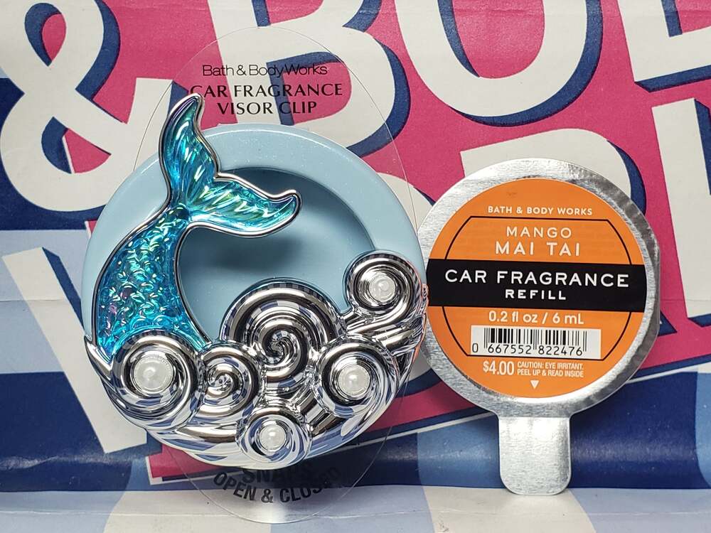 BBW Mermaid Tail Pearl Waves Car Fragrance Holder Visor Clip & Mango Mai Tai